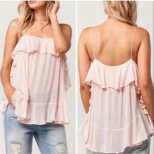 Intimately Free People Pink Ruffle Cami Top Spaghetti Strap Gauze Blouse XS‎
